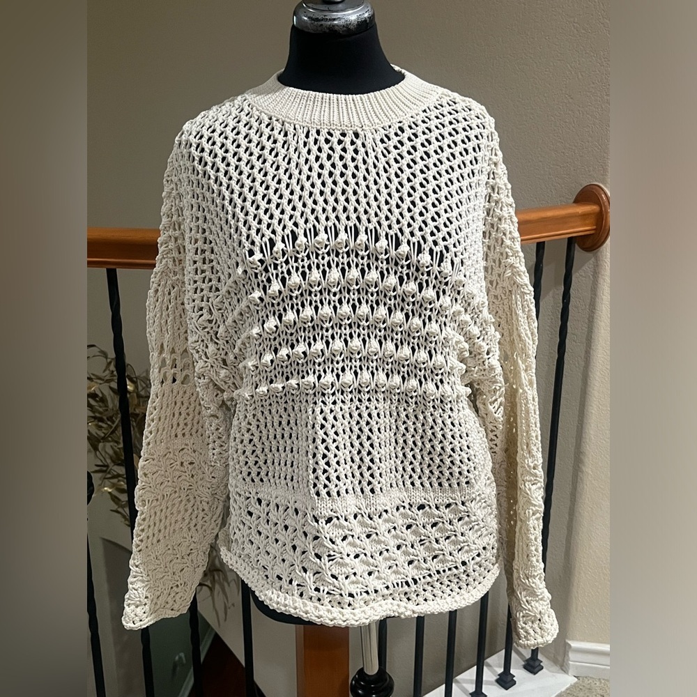 BUCKET LIST Cream Open-Knit Crochet Sweater - Lightweight Layering, WOMEN SIZE S